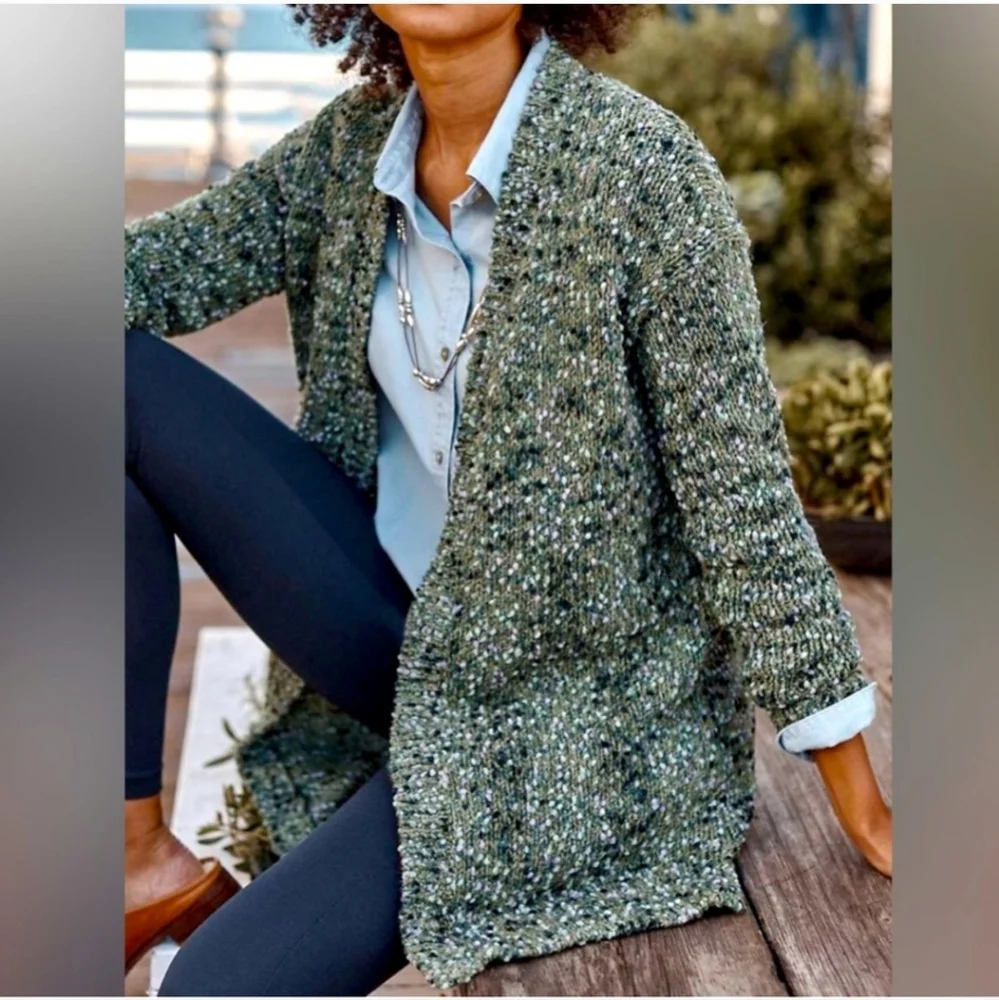 J. JILL Utopia Mixed Textures Knit Open Front Cardigan Green Escape Multi
